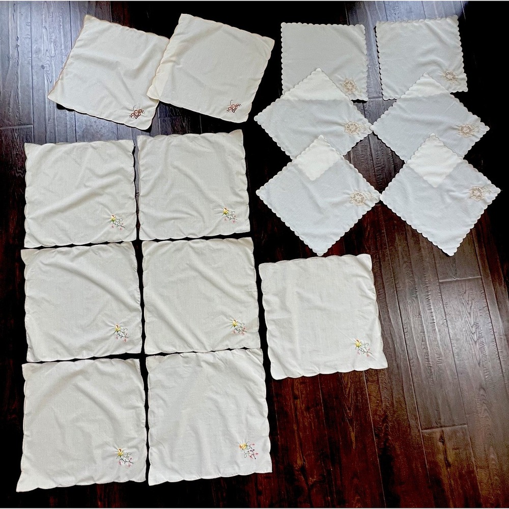 Vintage Linen Handkerchiefs Embroidered Flower Rose Scallop Edge 15 3 Design Mix